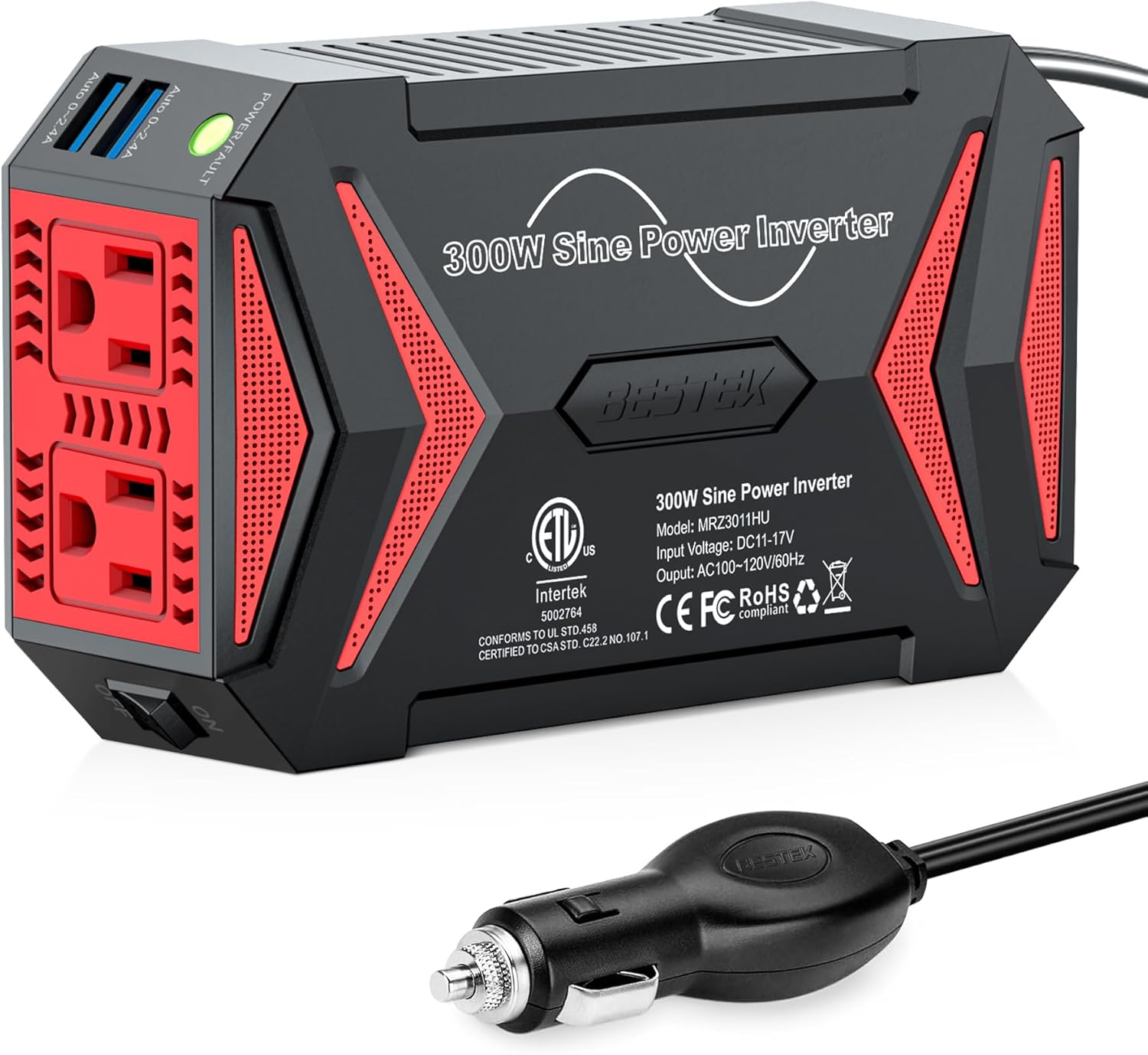 Pure Sine Wave Power Inverter - 300W Car Plug in Charger Outlet DC 12V to 110V AC - Cigarette Lighter Adapter 4.8A Dual USB Fast Charging Ports for Phone, Laptop, CPAP - Black