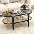 Giantex Rattan Coffee Table, 2-Tier Oval Acacia Wood Tea Table w/Tempered Glass Tabletop & PE Rattan Storage Shelf, Boho Cocktail Tables, Mid Century Modern Center Table for Living Room Office, Brown