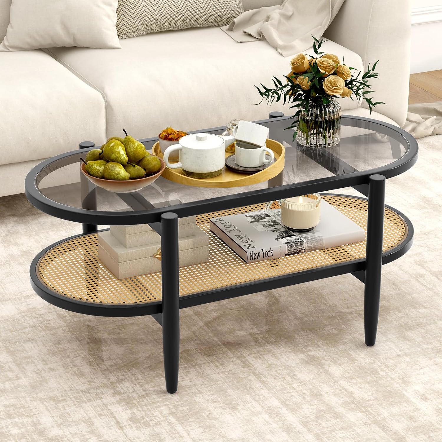 Giantex Rattan Coffee Table, 2-Tier Oval Acacia Wood Tea Table w/Tempered Glass Tabletop & PE Rattan Storage Shelf, Boho Cocktail Tables, Mid Century Modern Center Table for Living Room Office, Brown