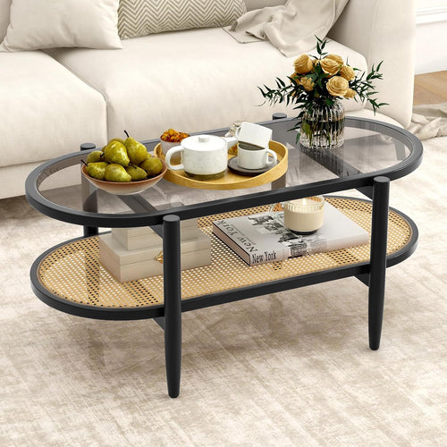 Giantex Rattan Coffee Table, 2-Tier Oval Acacia Wood Tea Table w/Tempered Glass Tabletop & PE Rattan Storage Shelf, Boho Cocktail Tables, Mid Century Modern Center Table for Living Room Office, Brown